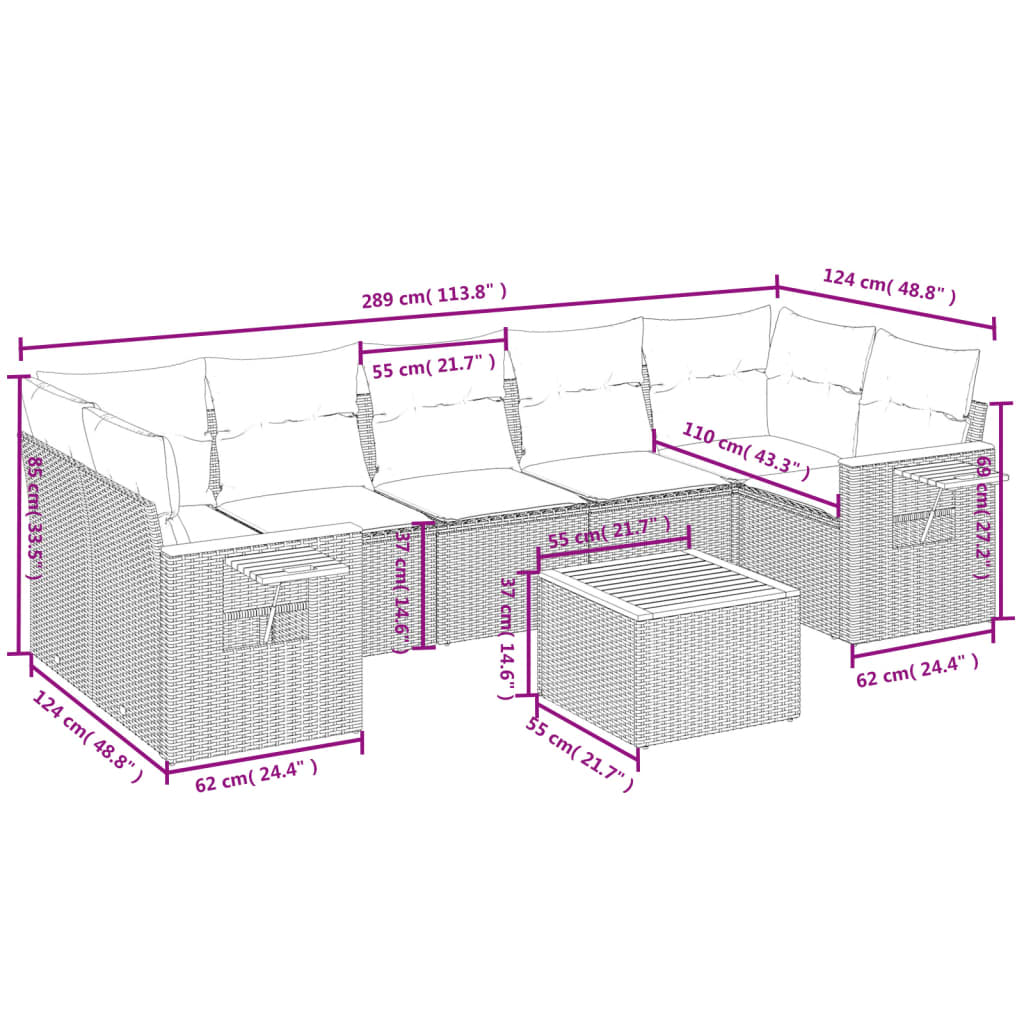 8 Pcs conjunto sofás de jardim c/ almofadões vime PE cinzento