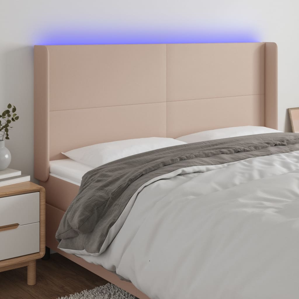 Cabeceira cama c/ LED couro artif. 183x16x118/128 cm cappuccino