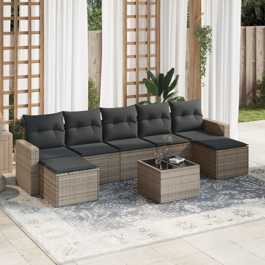 8 Pcs conjunto sofás de jardim c/ almofadões vime PE cinzento