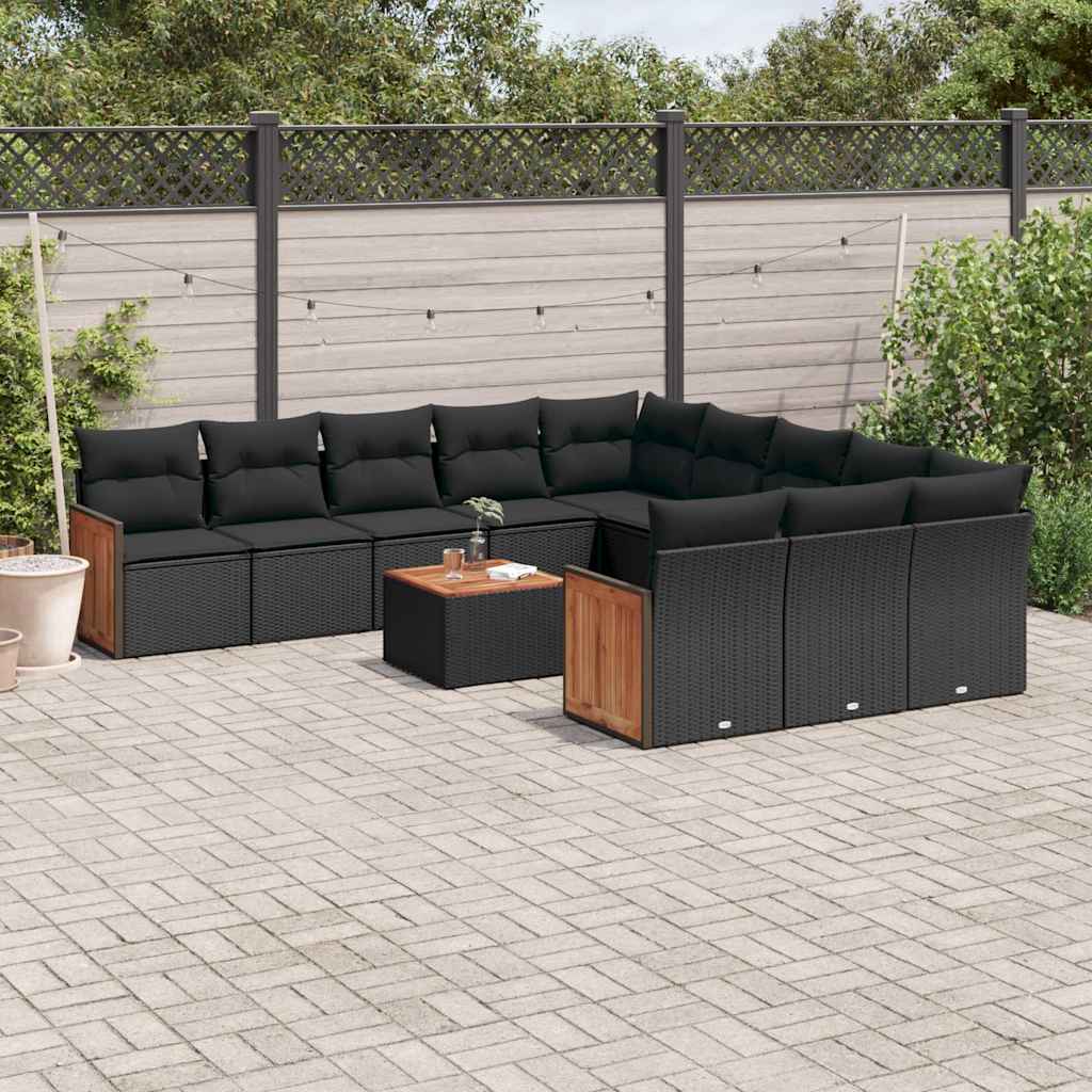 12 Pcs conjunto de sofás de jardim c/ almofadões vime PE preto