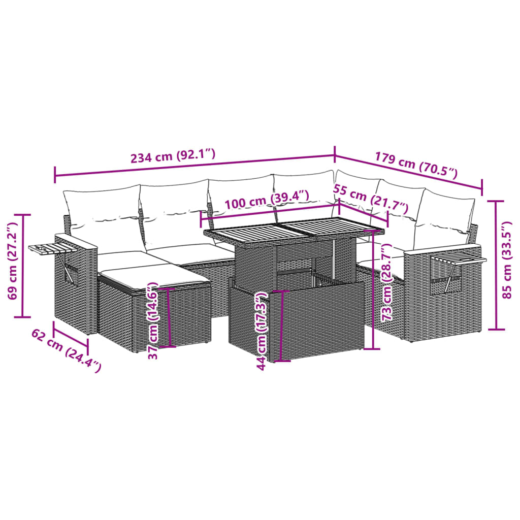 8 Pcs conjunto sofás de jardim com almofadões vime PE preto