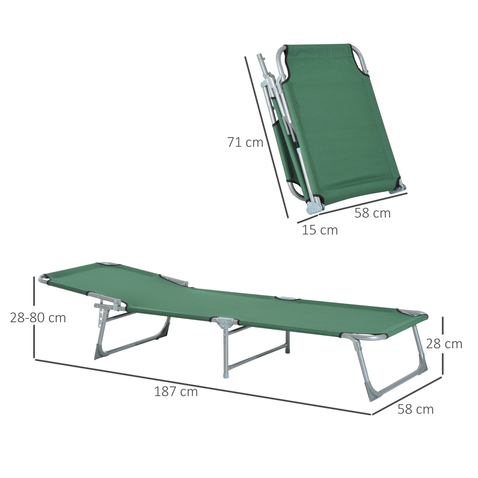 Espreguiçadeira dobrável e reclinável em 4 posições com estrutura metálica e tecido oxford para exterior 187x58x28 cm verde