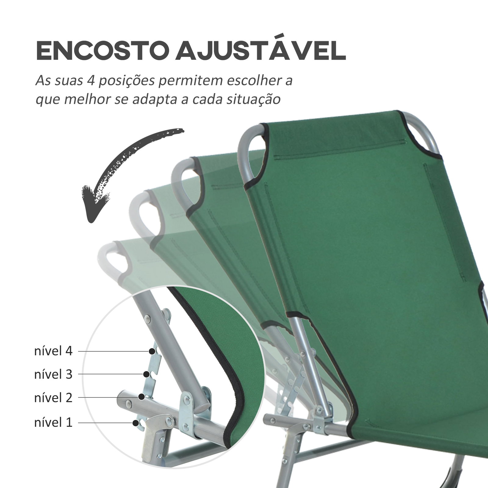Espreguiçadeira dobrável e reclinável em 4 posições com estrutura metálica e tecido oxford para exterior 187x58x28 cm verde