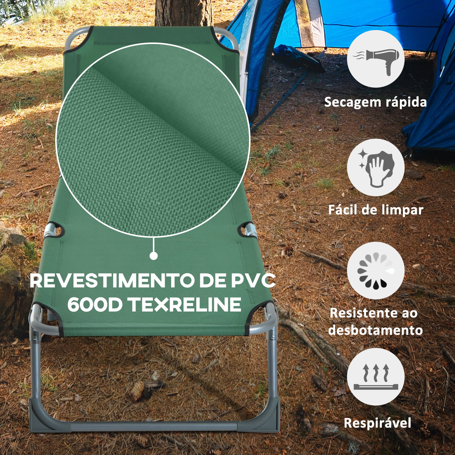 Espreguiçadeira dobrável e reclinável em 4 posições com estrutura metálica e tecido oxford para exterior 187x58x28 cm verde