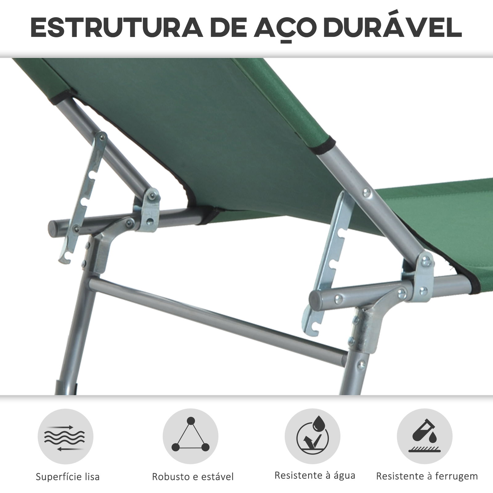 Espreguiçadeira dobrável e reclinável em 4 posições com estrutura metálica e tecido oxford para exterior 187x58x28 cm verde