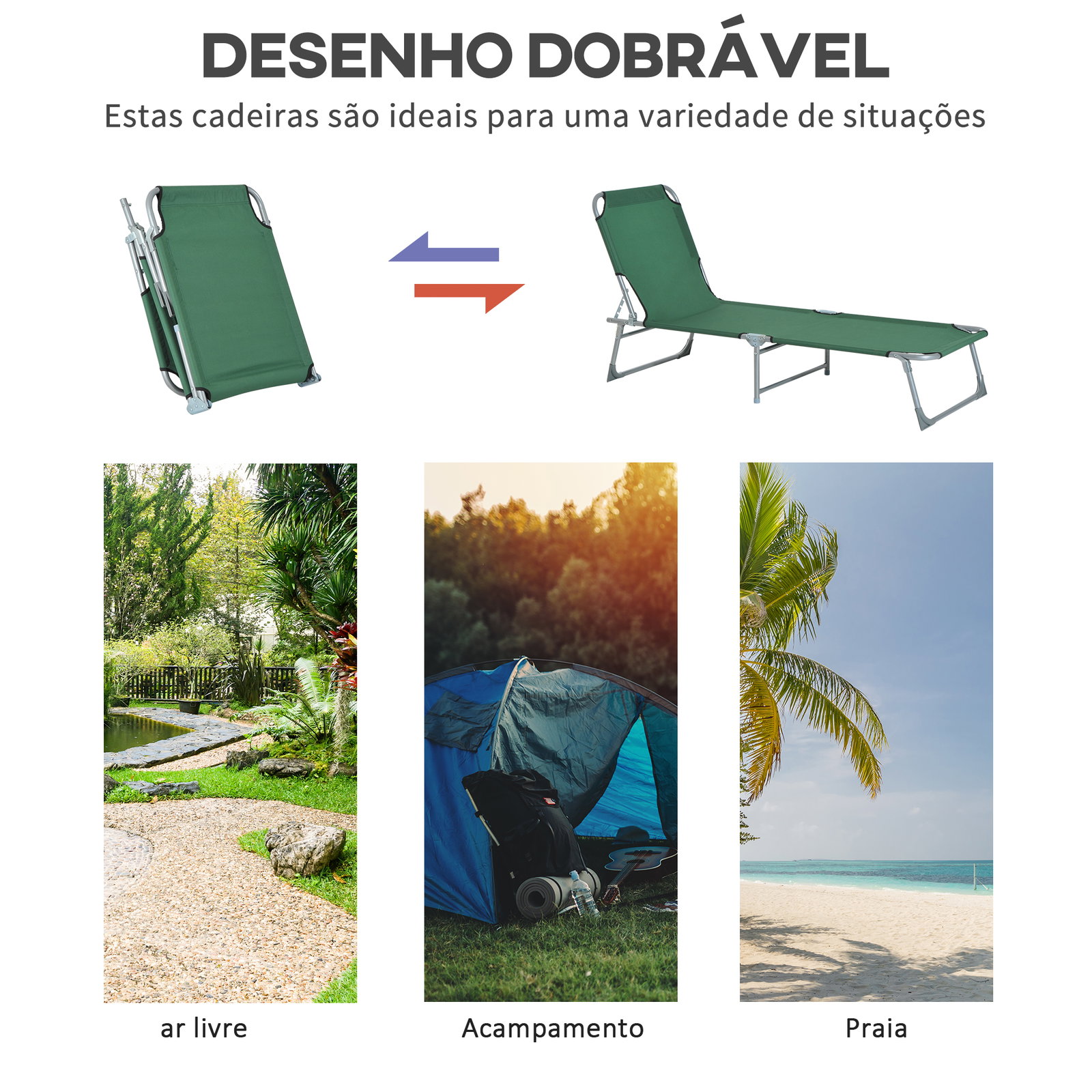 Espreguiçadeira dobrável e reclinável em 4 posições com estrutura metálica e tecido oxford para exterior 187x58x28 cm verde