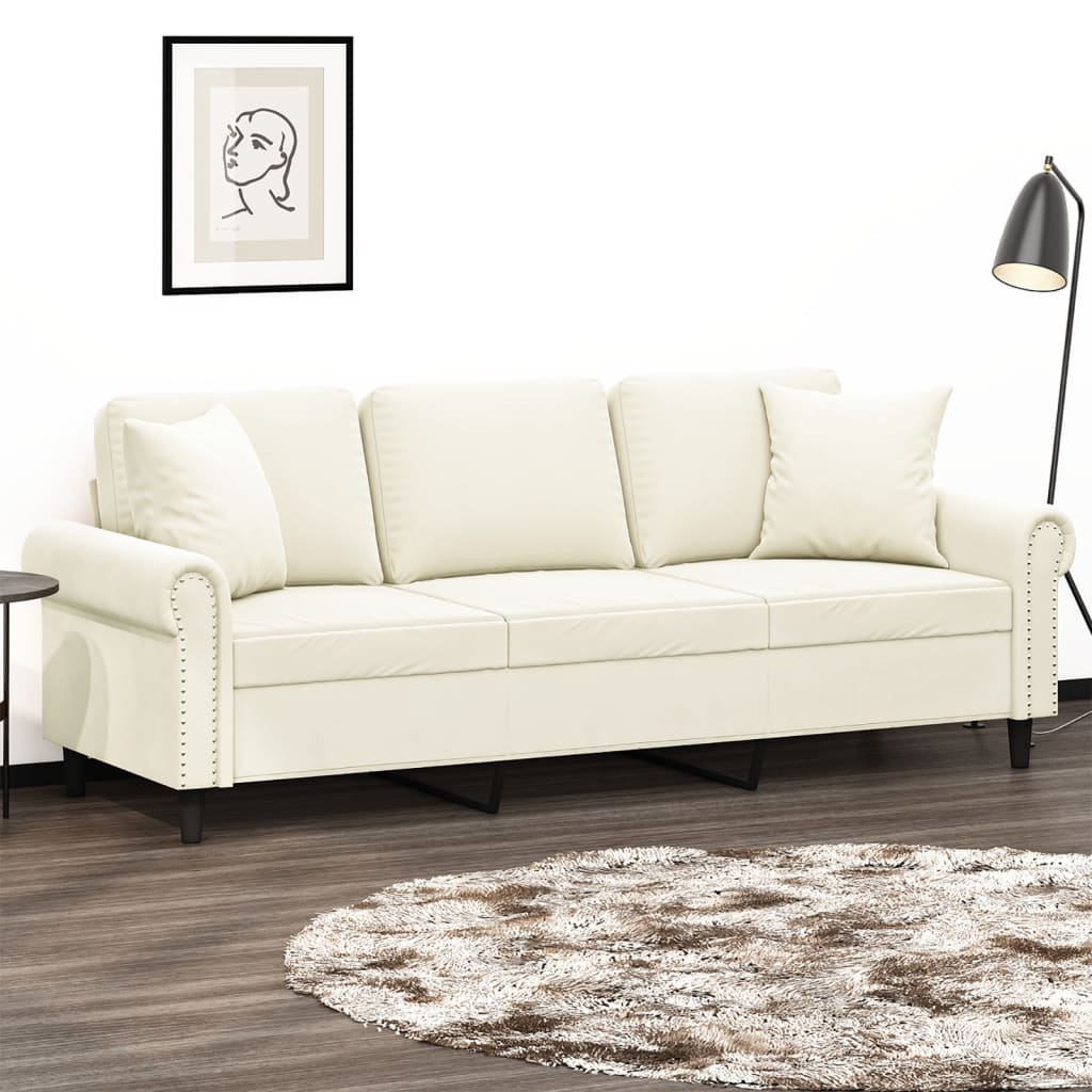 Sofá 3 lugares c/ almofadas decorativas 180 cm veludo creme