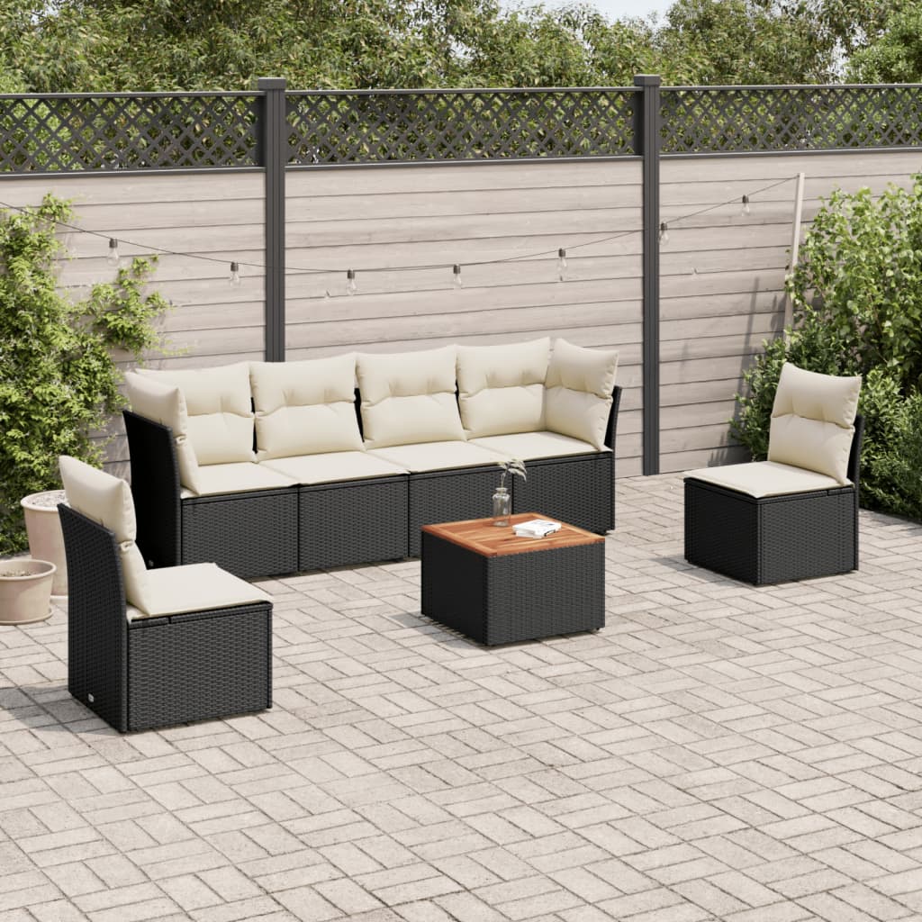 7 Pcs conjunto de sofás p/ jardim c/ almofadões vime PE preto