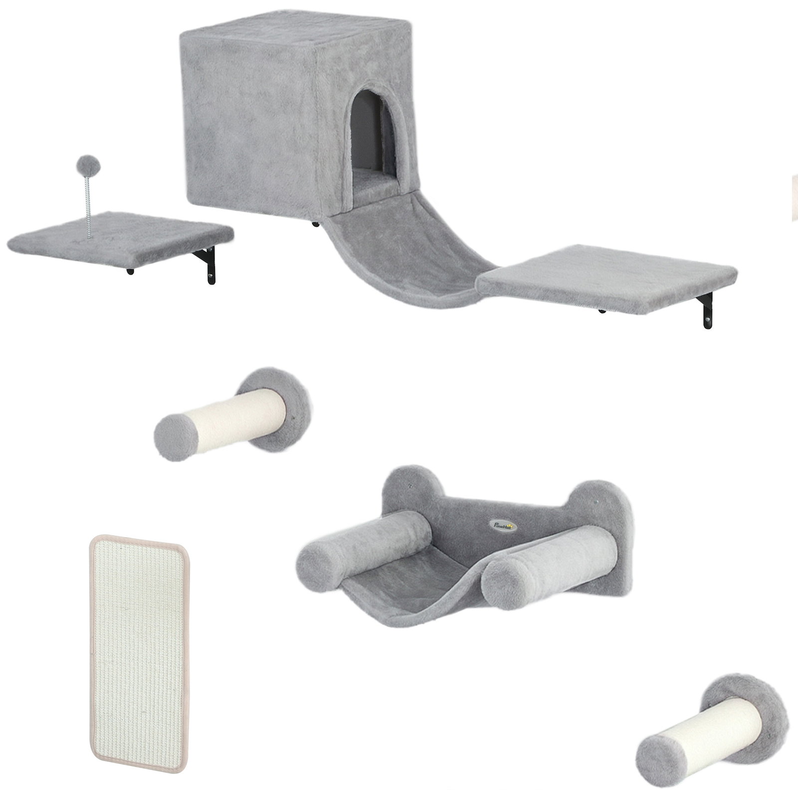 Conjunto de prateleiras de escalada para gatos de 6 peças com placa para arranhar e poste de sisal cinzento