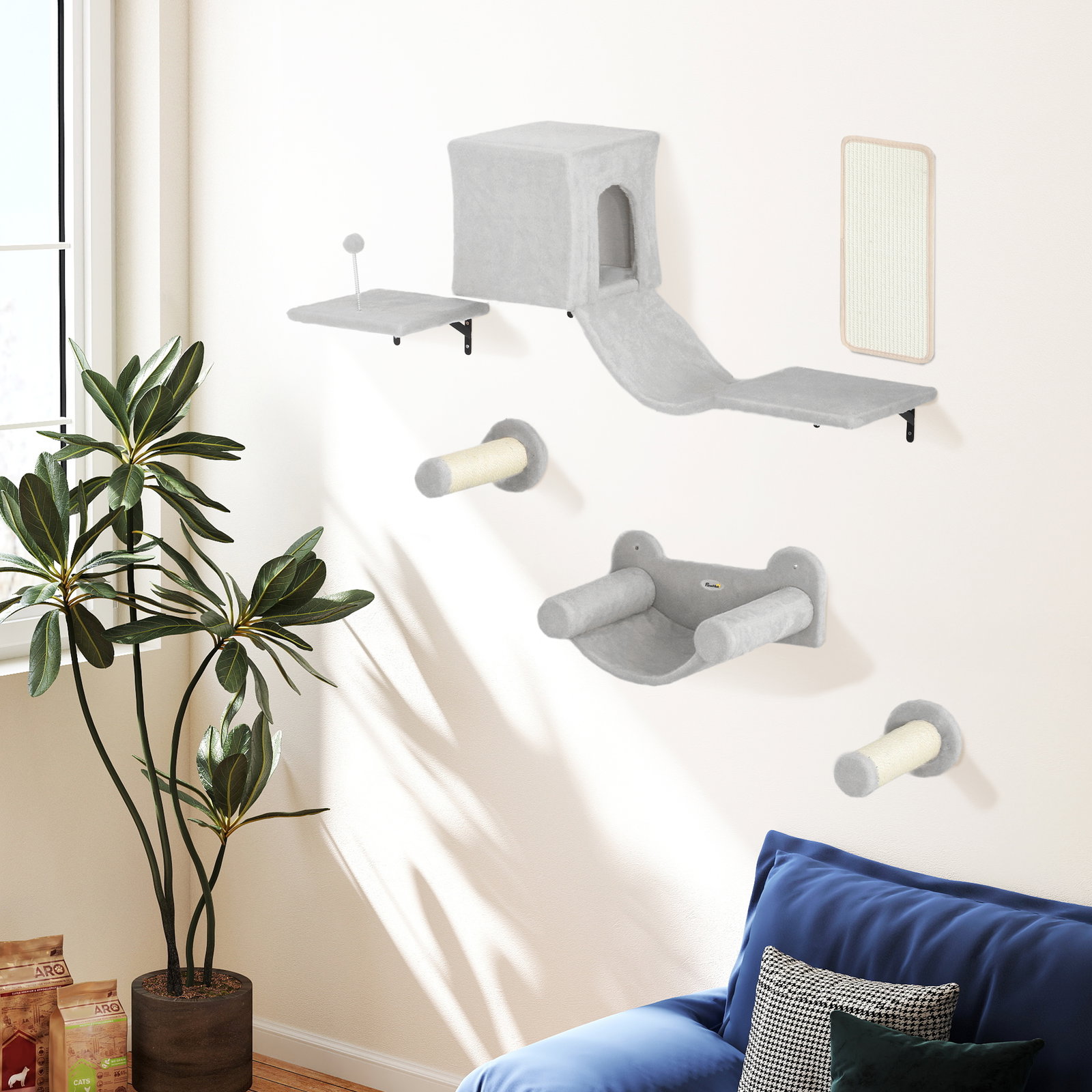 Conjunto de prateleiras de escalada para gatos de 6 peças com placa para arranhar e poste de sisal cinzento
