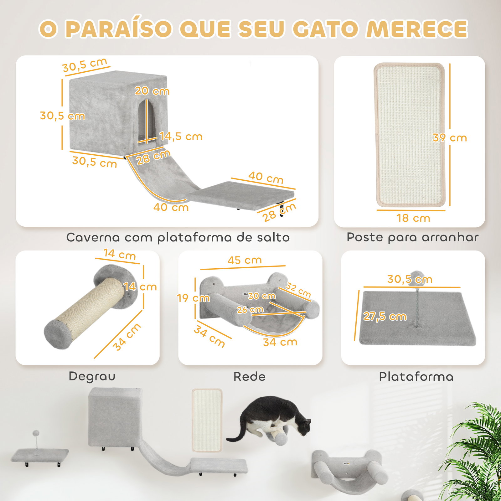 Conjunto de prateleiras de escalada para gatos de 6 peças com placa para arranhar e poste de sisal cinzento