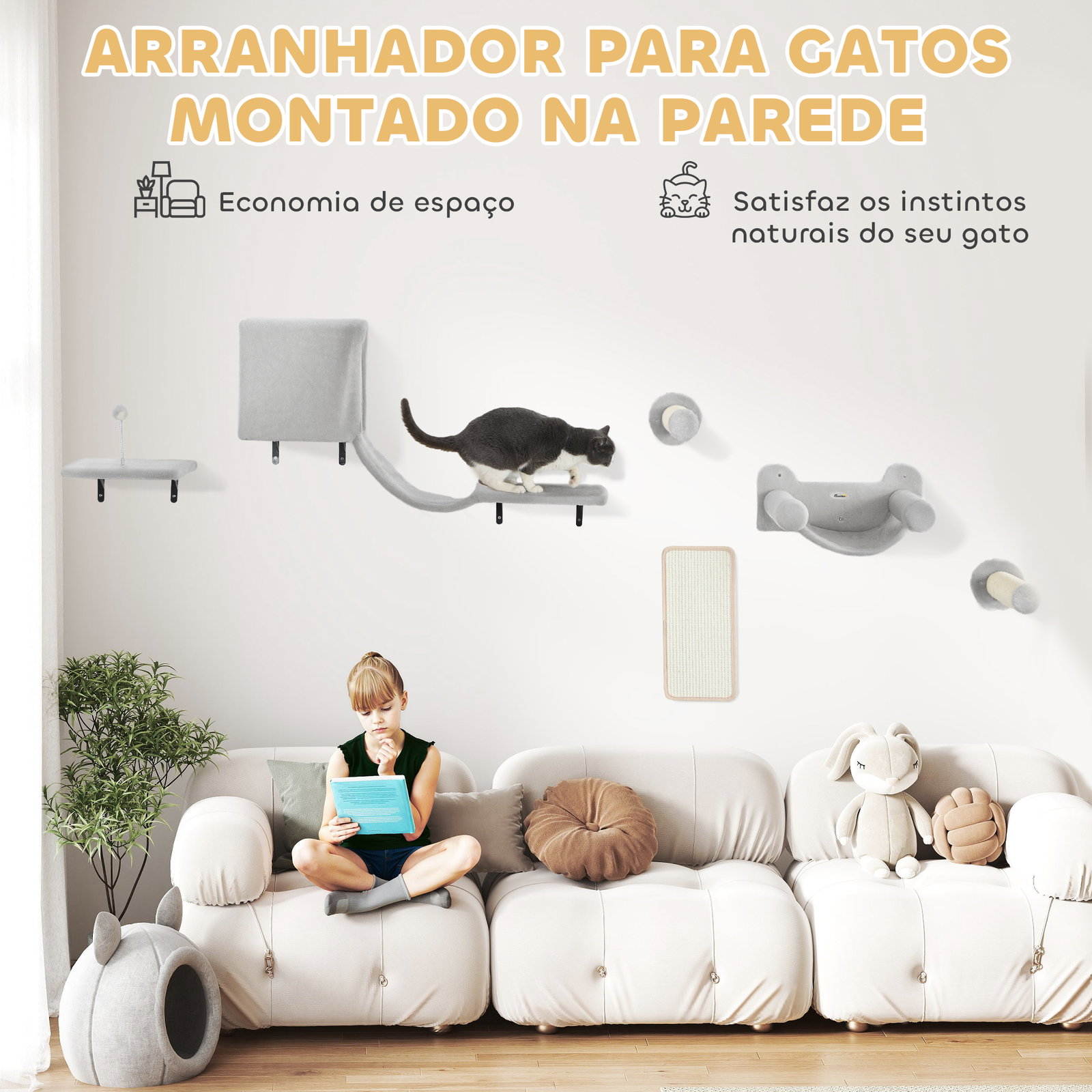 Conjunto de prateleiras de escalada para gatos de 6 peças com placa para arranhar e poste de sisal cinzento