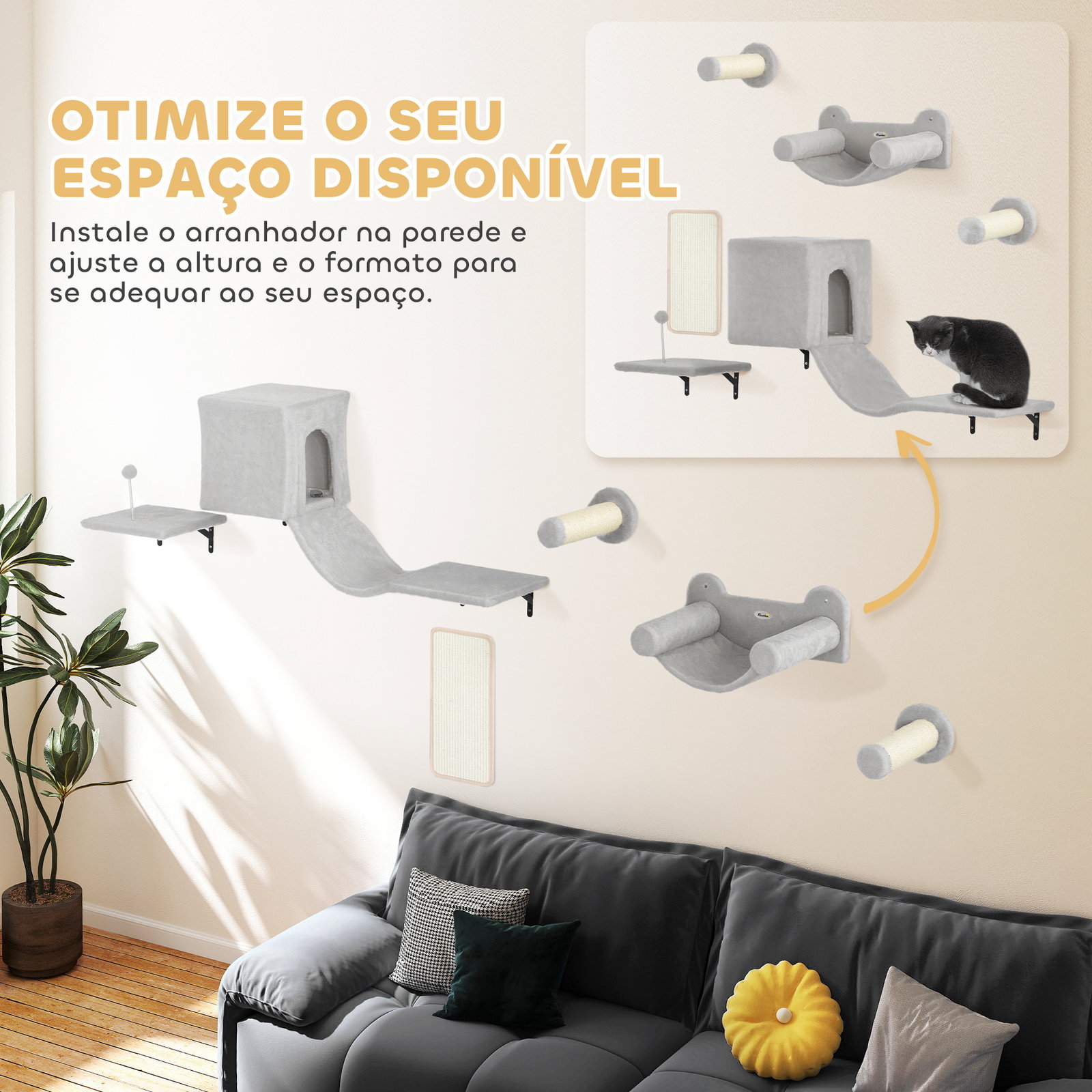 Conjunto de prateleiras de escalada para gatos de 6 peças com placa para arranhar e poste de sisal cinzento