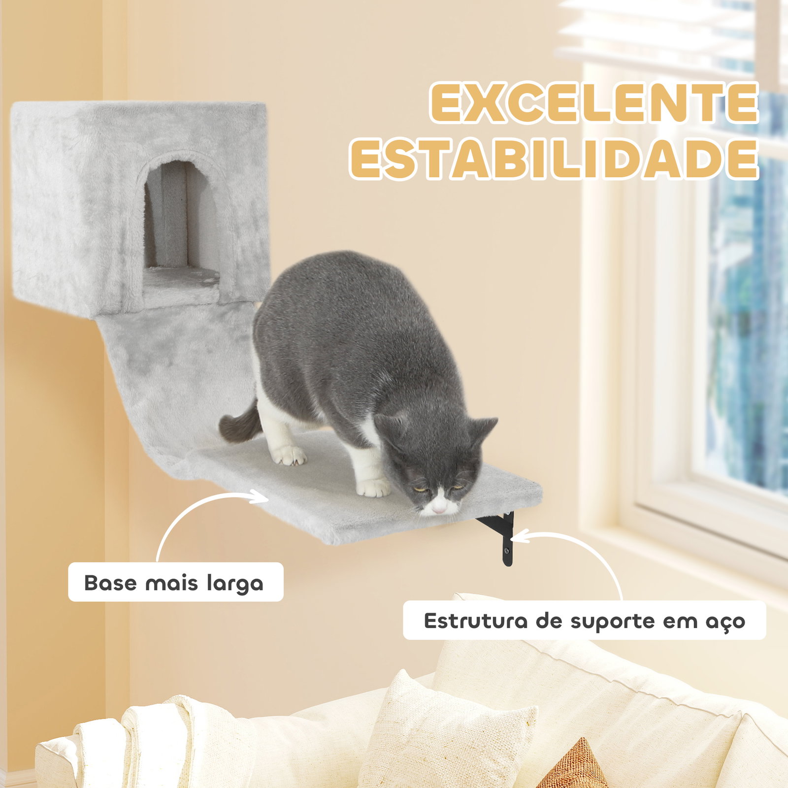 Conjunto de prateleiras de escalada para gatos de 6 peças com placa para arranhar e poste de sisal cinzento