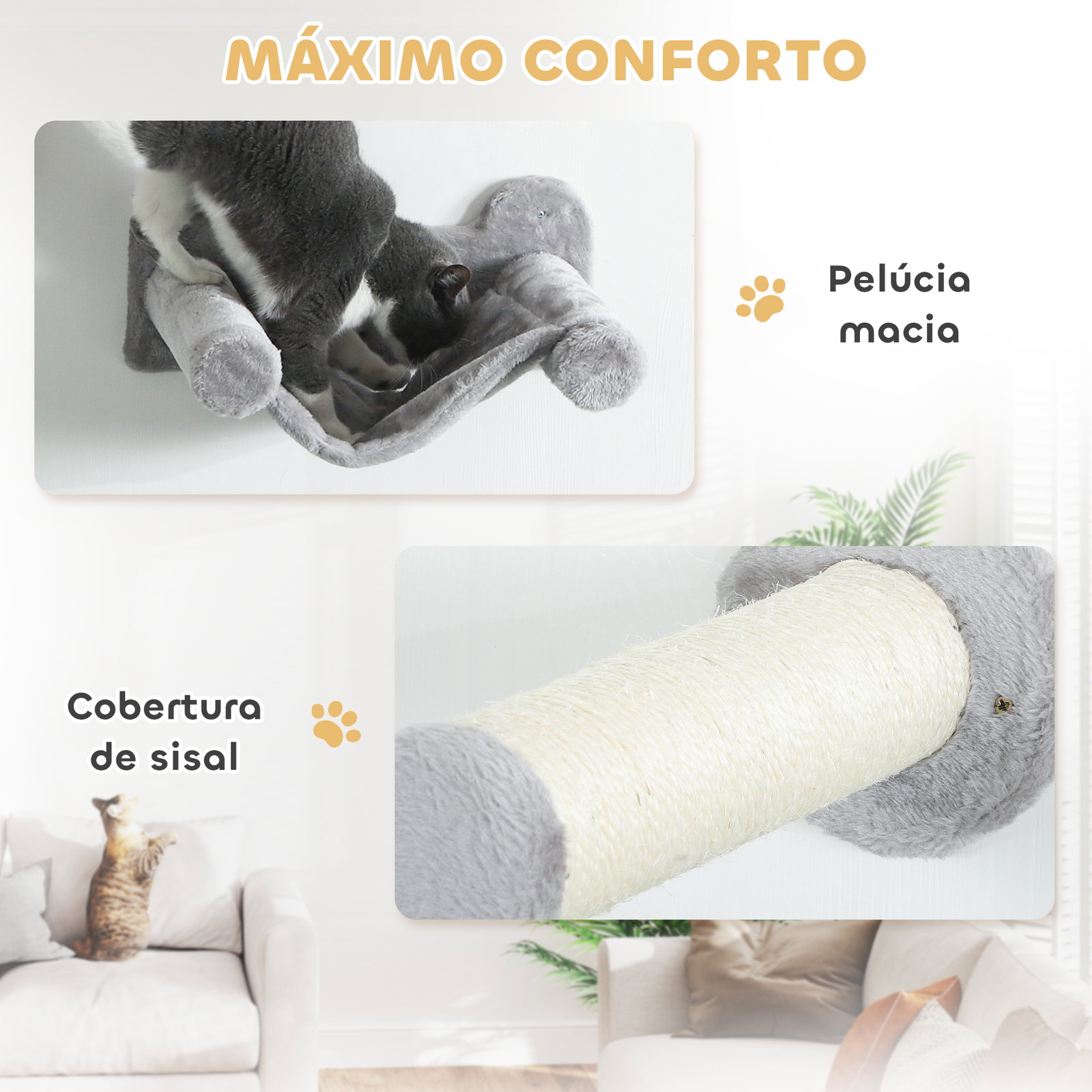 Conjunto de prateleiras de escalada para gatos de 6 peças com placa para arranhar e poste de sisal cinzento