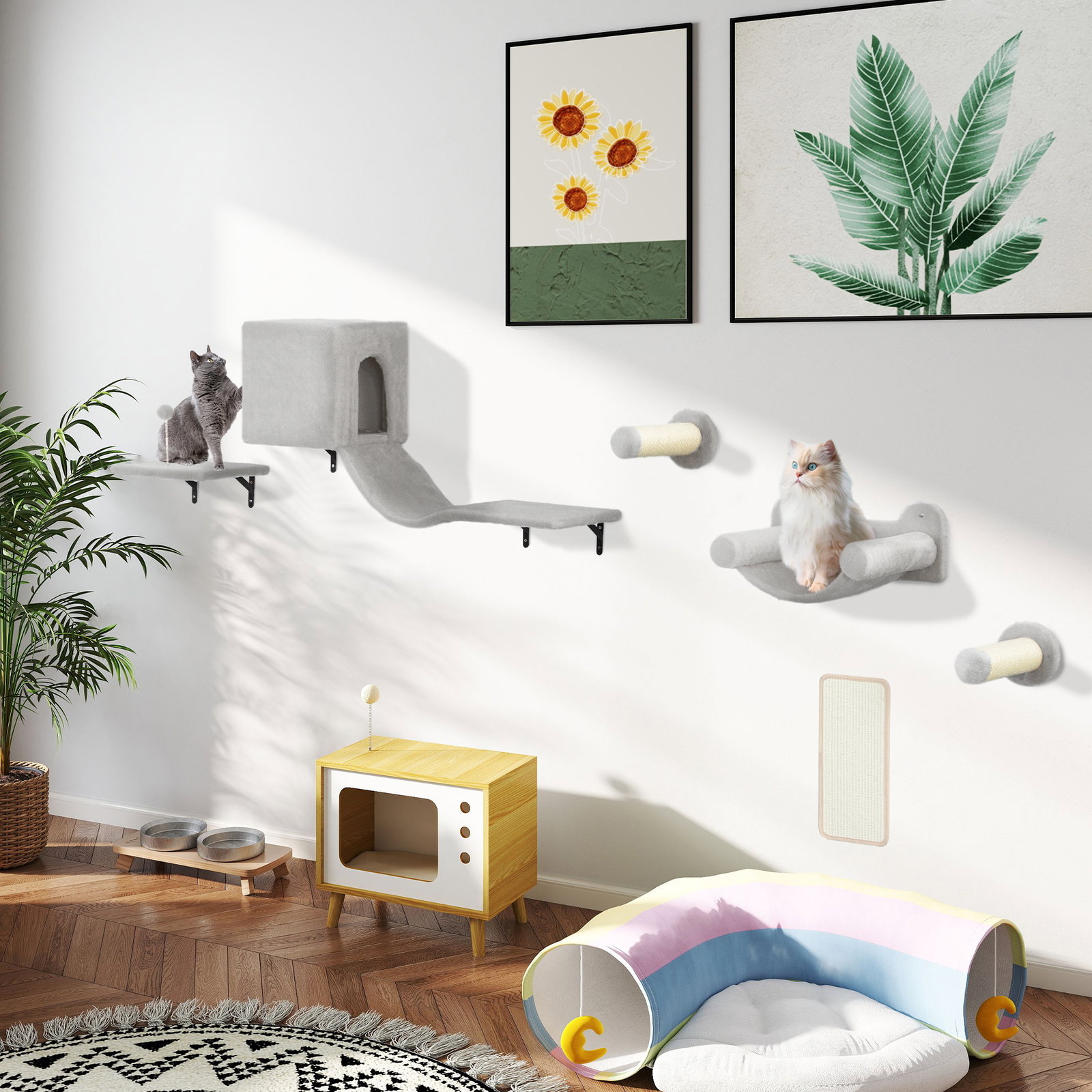 Conjunto de prateleiras de escalada para gatos de 6 peças com placa para arranhar e poste de sisal cinzento