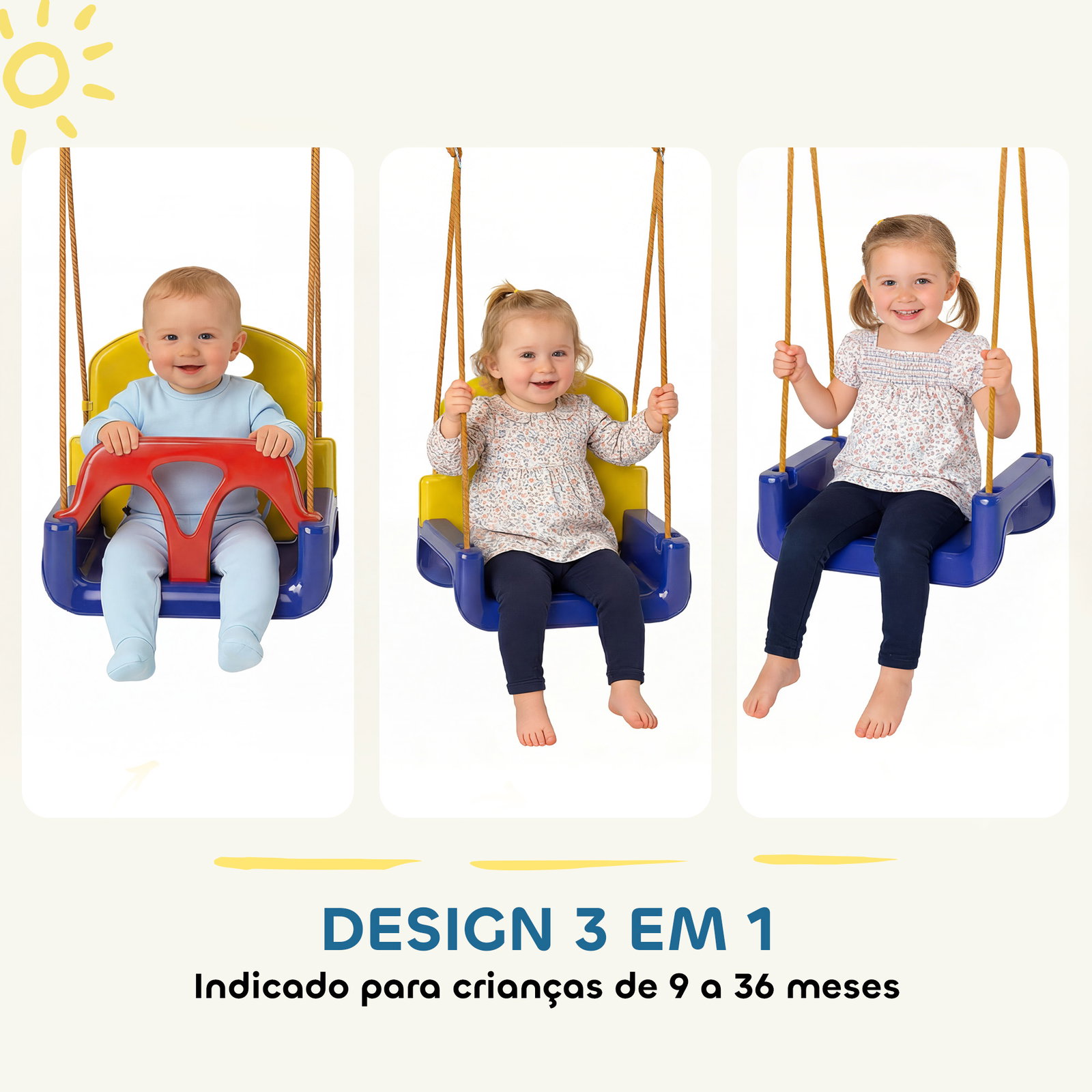 Baloiço infantil 3 em 1 cordas ajustáveis com encosto amovível barra em t cinto de segurança azul escuro