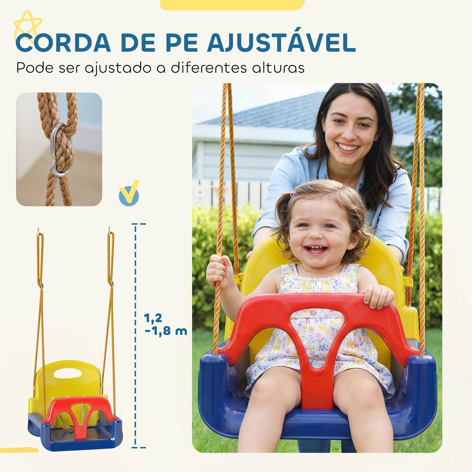 Baloiço infantil 3 em 1 cordas ajustáveis com encosto amovível barra em t cinto de segurança azul escuro