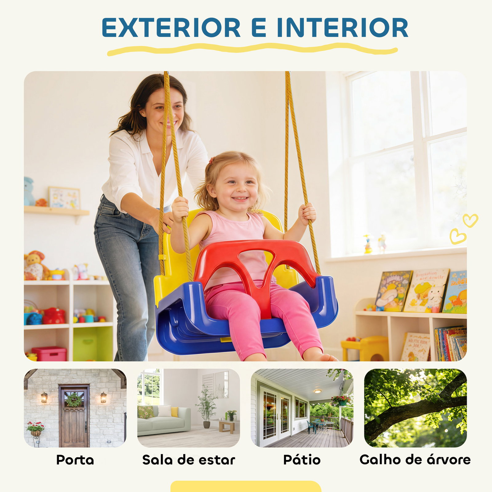 Baloiço infantil 3 em 1 cordas ajustáveis com encosto amovível barra em t cinto de segurança azul escuro