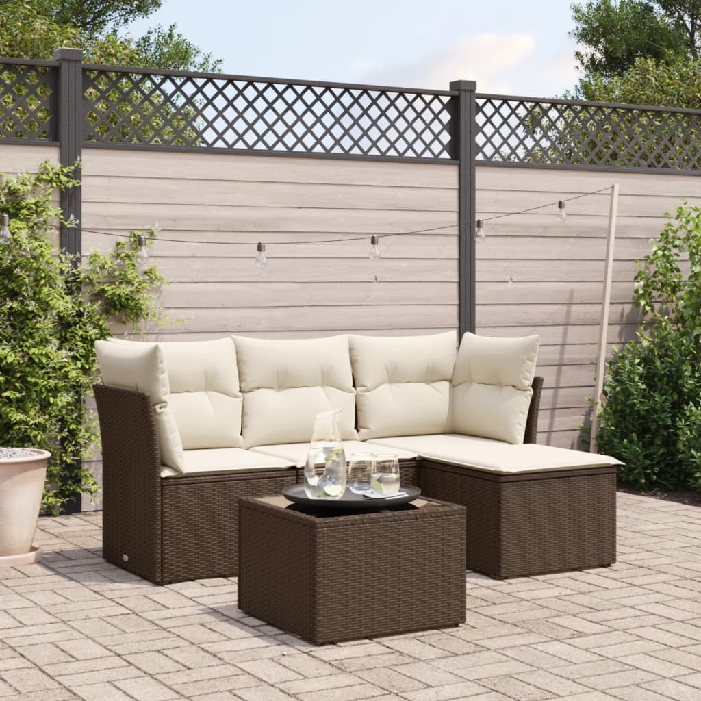 5 Pcs conjunto sofás p/ jardim c/ almofadões vime PE castanho