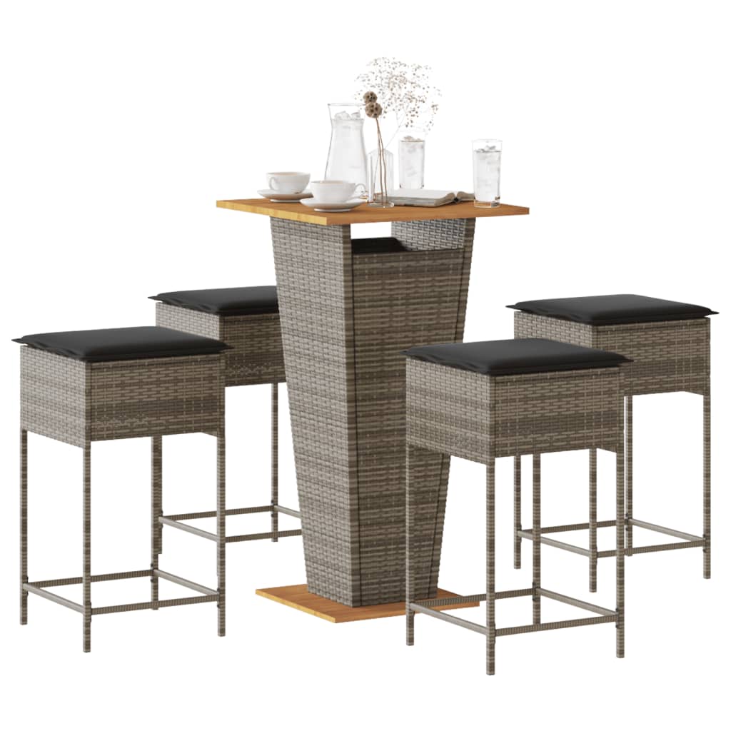 5 Pcs conjunto de bar p/ jardim c/ almofadões vime PE cinzento