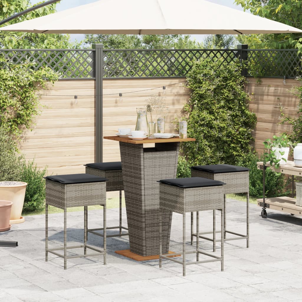 5 Pcs conjunto de bar p/ jardim c/ almofadões vime PE cinzento