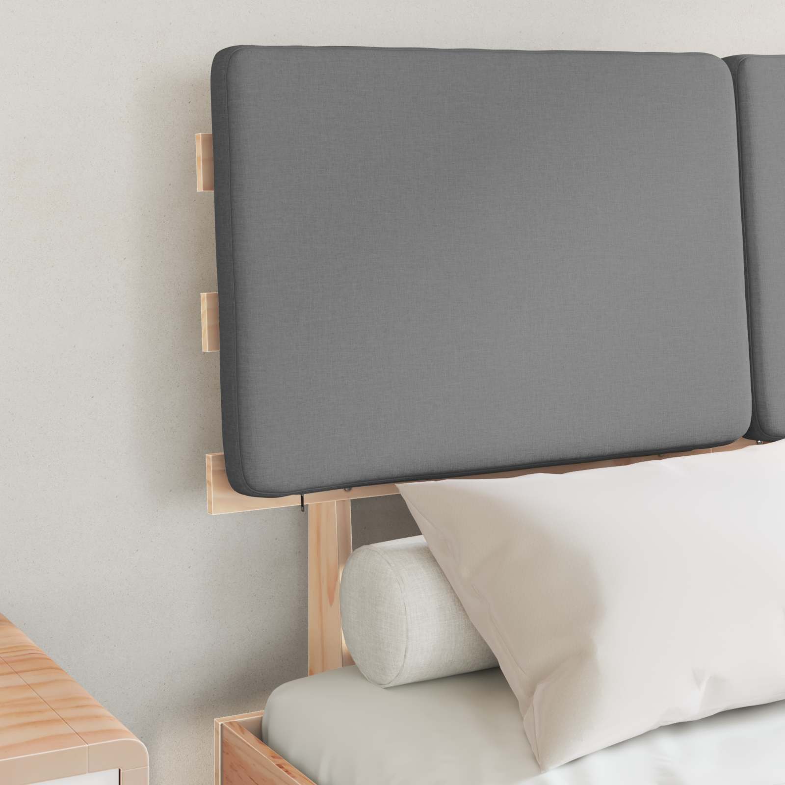 Estrutura de cama com cabeceira estofada cinzento-claro