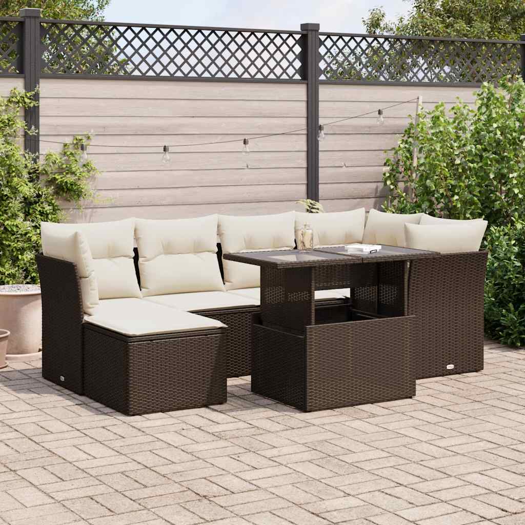 7 Pcs conjunto de sofás jardim c/ almofadões vime PE castanho