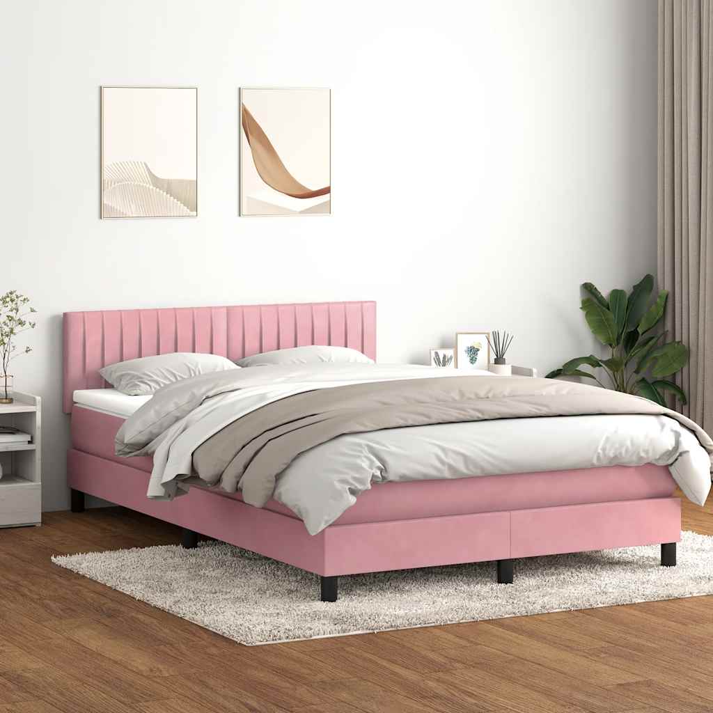 Cama box spring c/ colchão e LED 160x210 cm veludo rosa