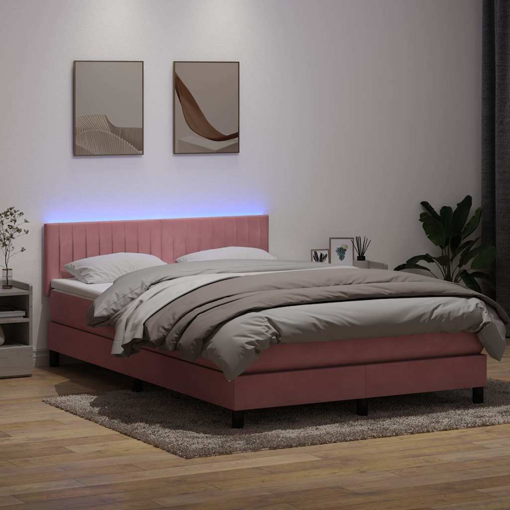Cama box spring c/ colchão e LED 160x210 cm veludo rosa