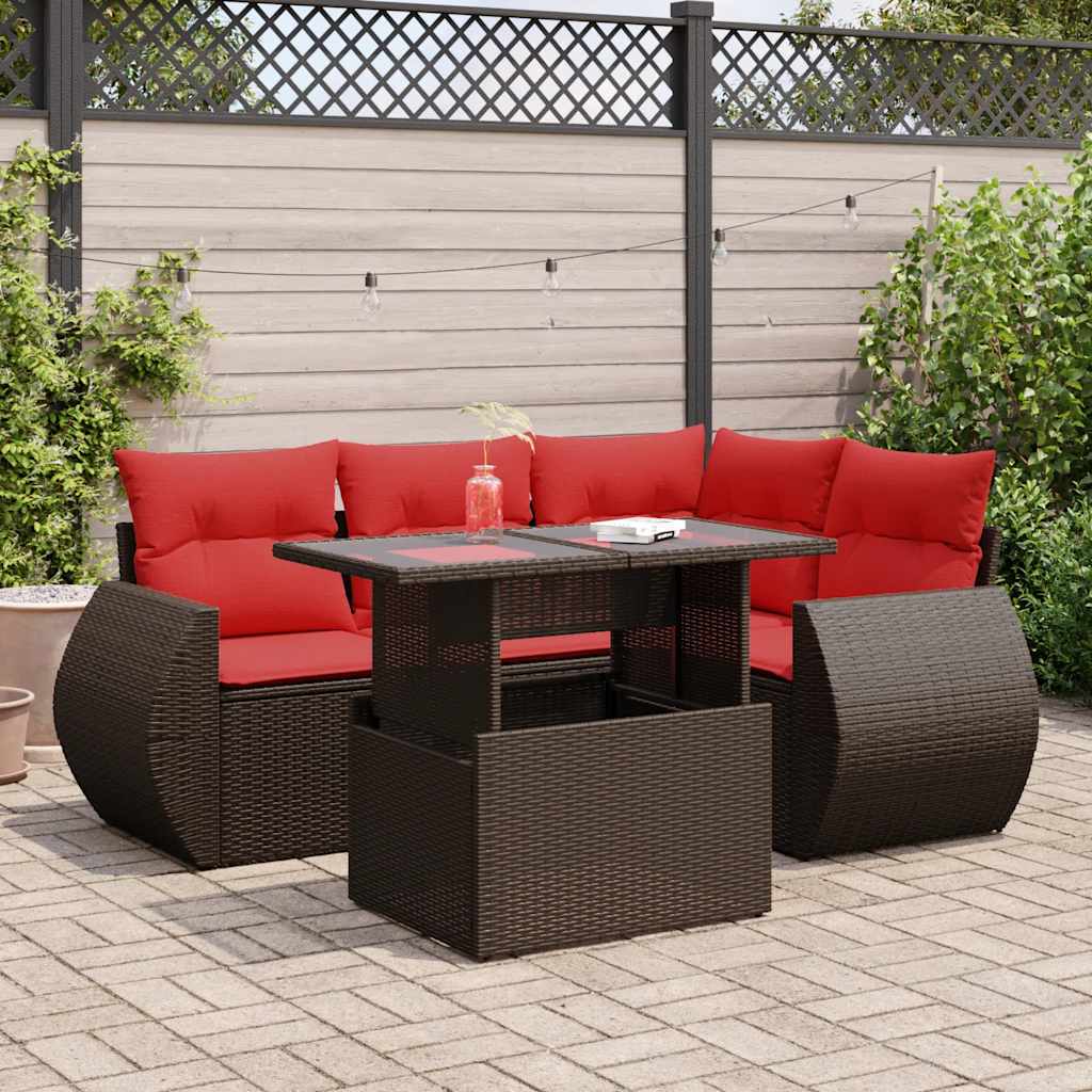 5 Pcs conj. sofás jardim c/ almofadões vime PE/acácia castanho