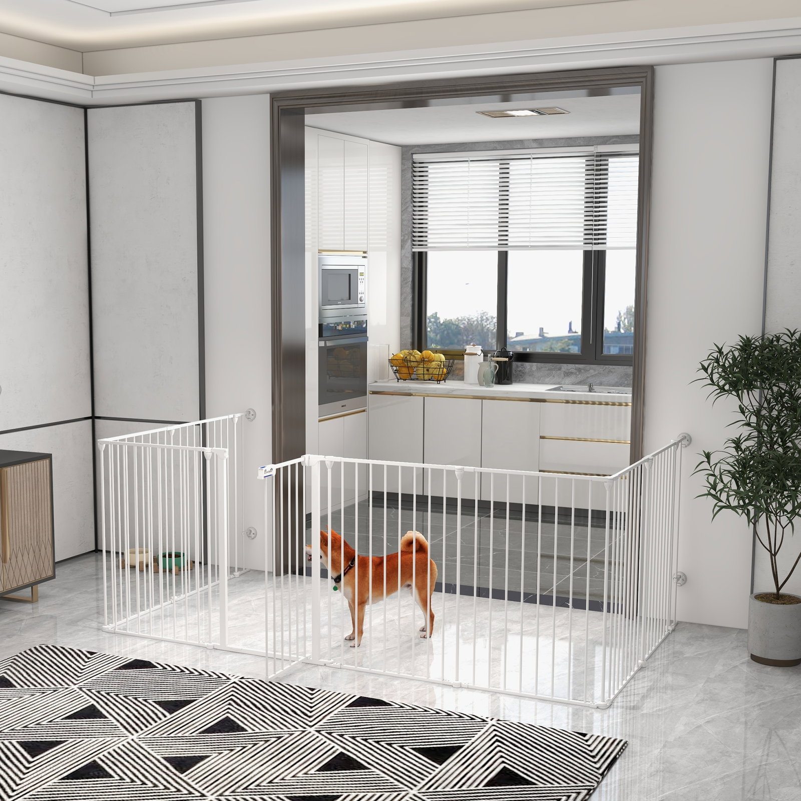 Parque para cães de 8 painéis 64x90 cm dobrável de aço com duplo travamento função de bloqueio e formato modular branco