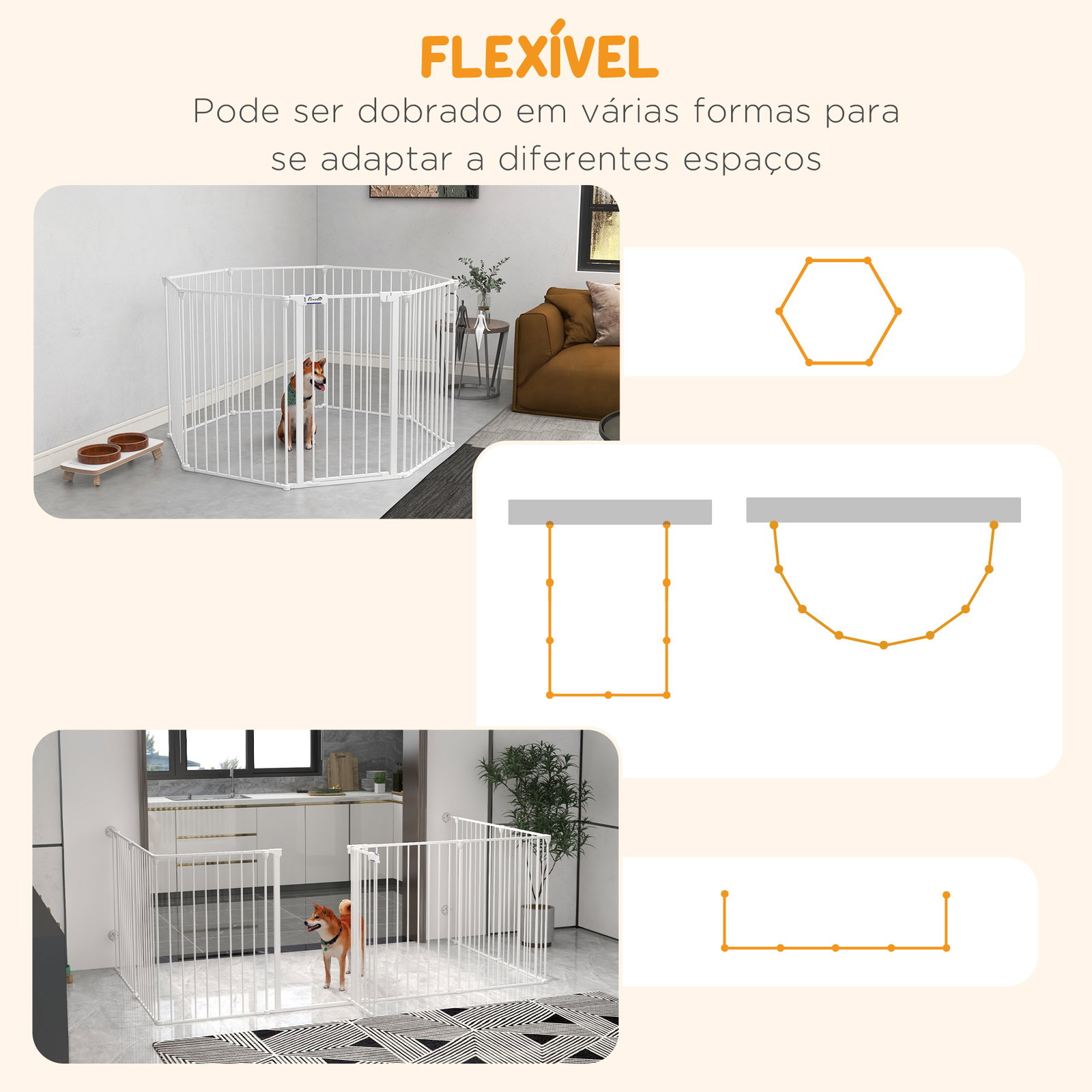 Parque para cães de 8 painéis 64x90 cm dobrável de aço com duplo travamento função de bloqueio e formato modular branco