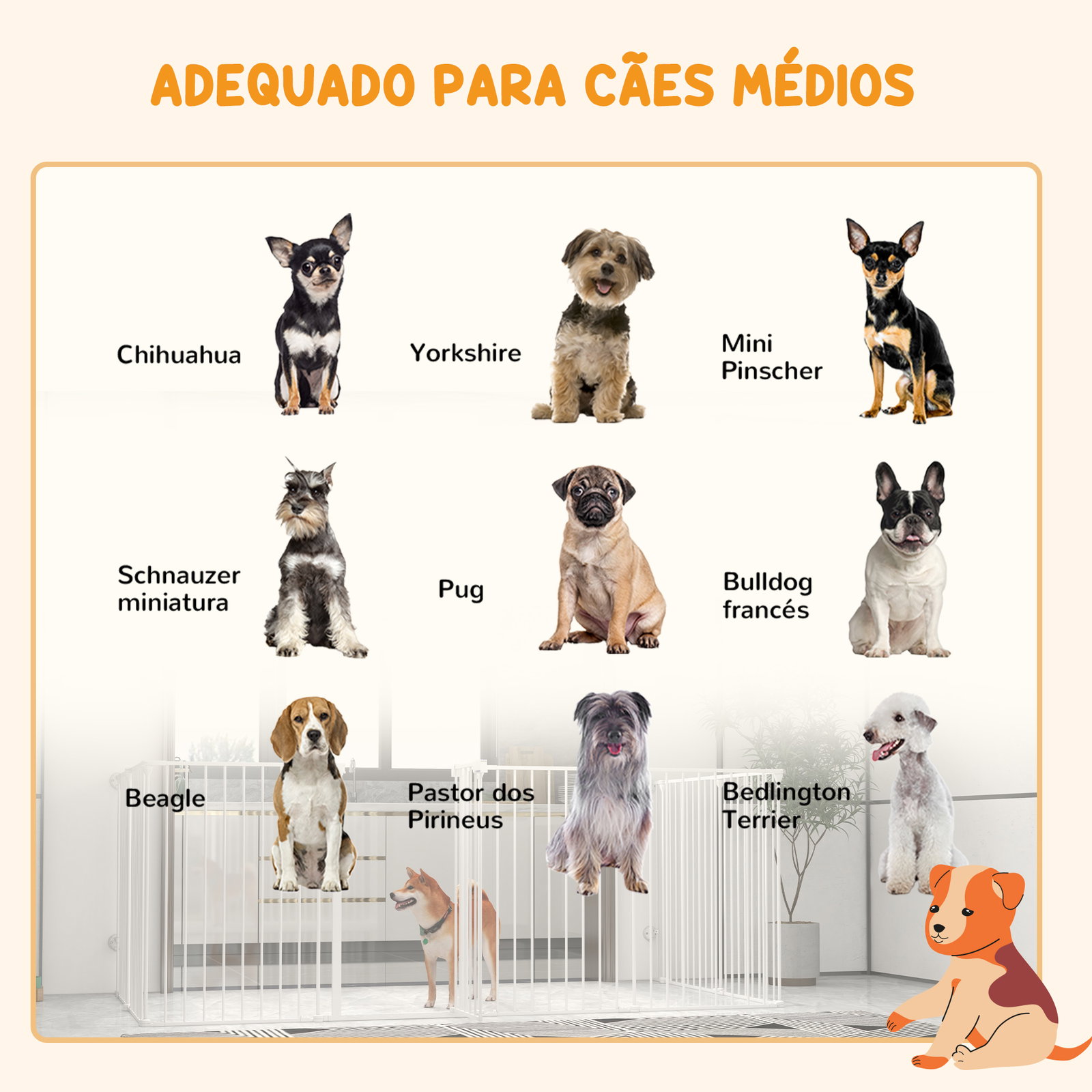Parque para cães de 8 painéis 64x90 cm dobrável de aço com duplo travamento função de bloqueio e formato modular branco