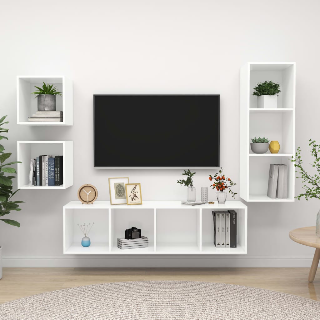 4 Pcs conjunto de móveis de TV contraplacado branco