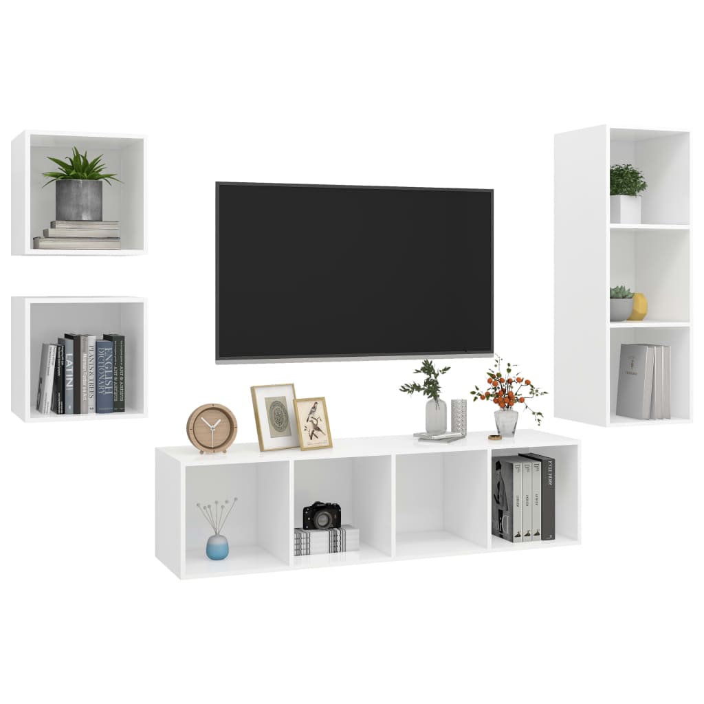 4 Pcs conjunto de móveis de TV contraplacado branco