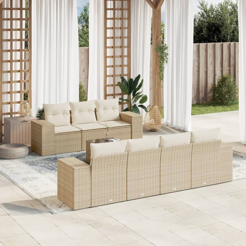 8 Pcs conjunto de sofás p/ jardim com almofadões vime PE bege