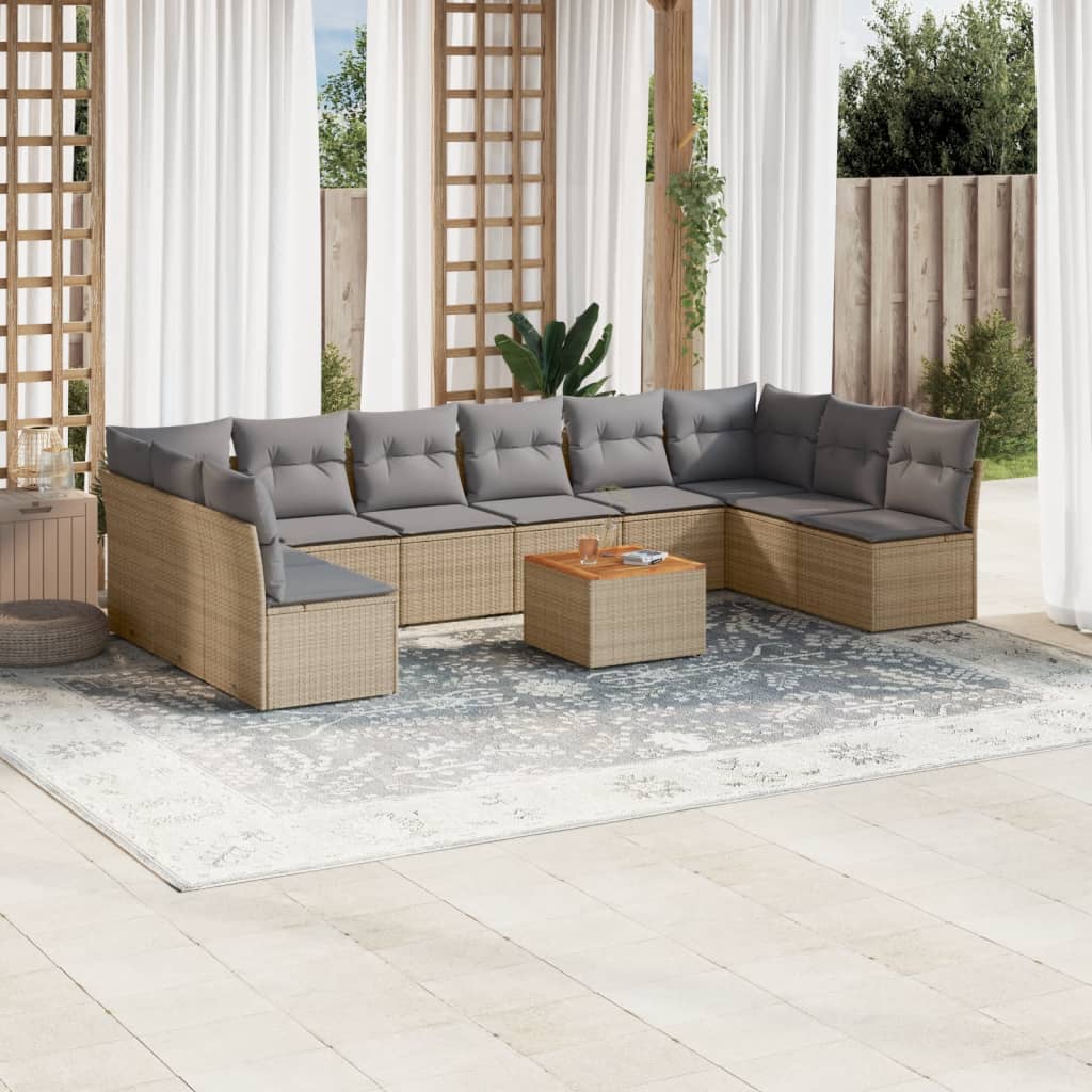 11 Pcs conjunto sofás de jardim c/ almofadões vime PE bege