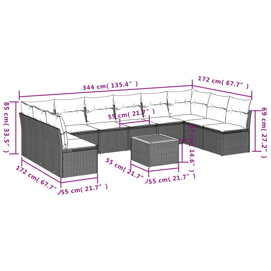 11 Pcs conjunto sofás de jardim c/ almofadões vime PE bege