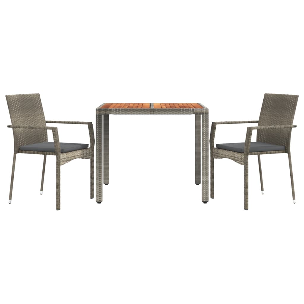 3 Pcs conjunto de jantar p/ jardim c/ almofadões vime PE cinza