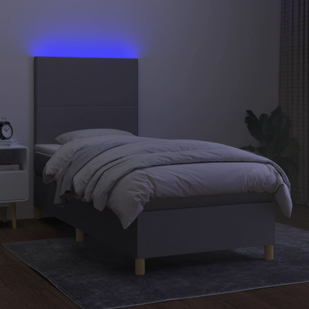 Cama box spring c/ colchão e LED 100x200 cm tecido cinza-claro