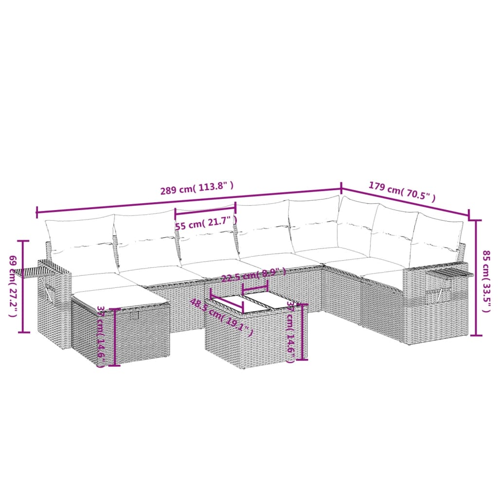 9 Pcs conjunto de sofás p/ jardim com almofadões vime PE bege