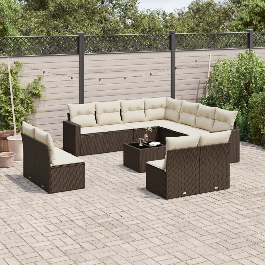 12 Pcs conjunto de sofás jardim com almofadões vime PE castanho