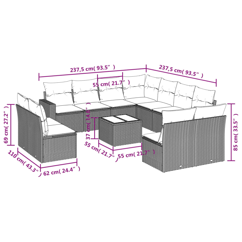 12 Pcs conjunto de sofás jardim com almofadões vime PE castanho