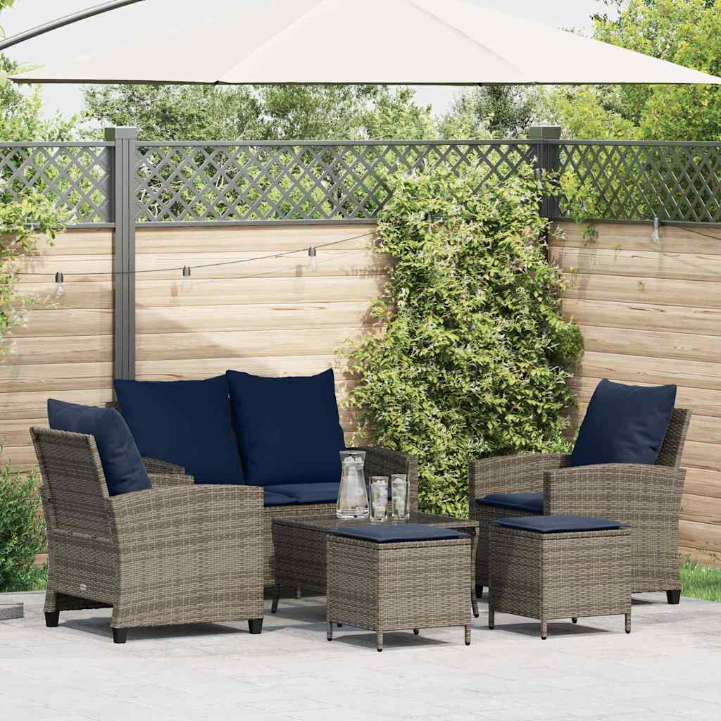 6 Pcs conjunto sofás de jardim com almofadões vime cinzento