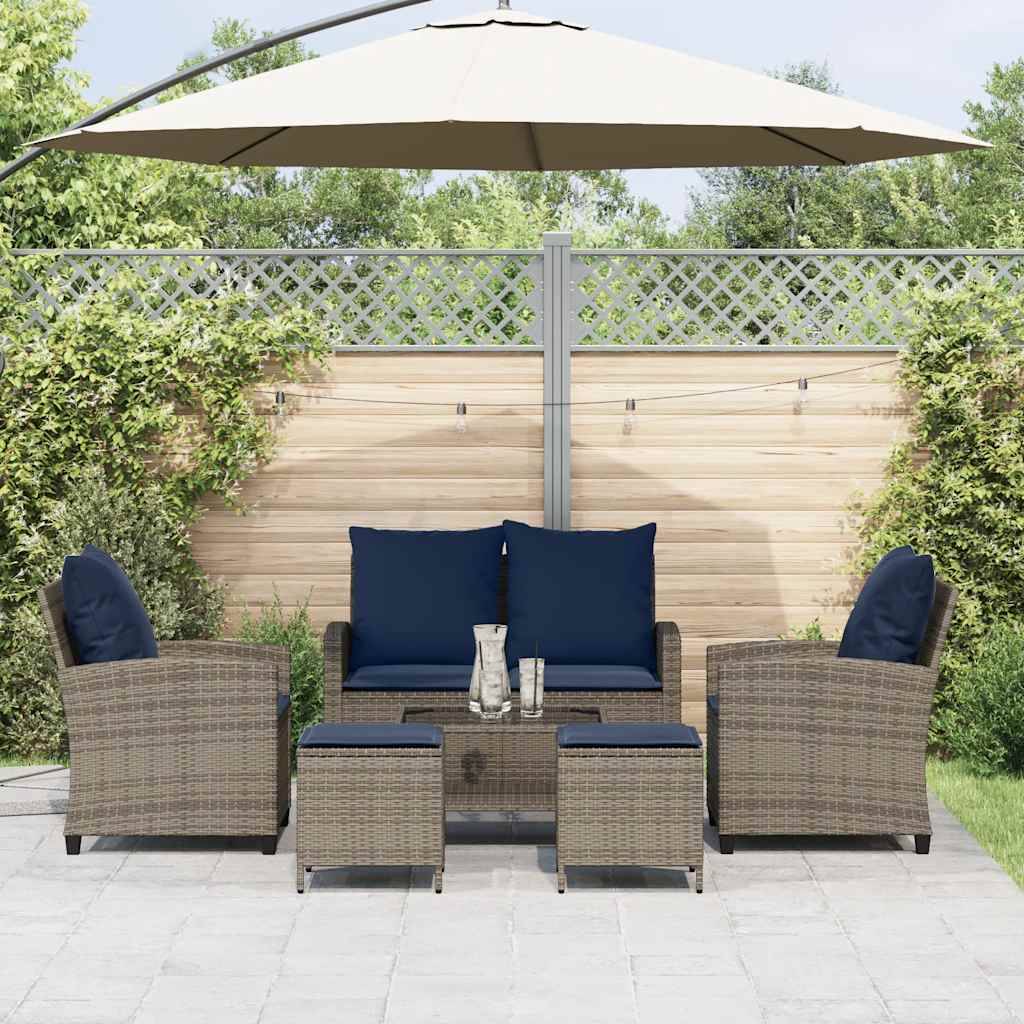 6 Pcs conjunto sofás de jardim com almofadões vime cinzento