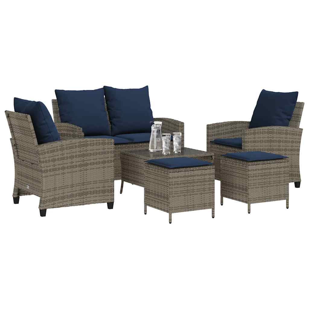 6 Pcs conjunto sofás de jardim com almofadões vime cinzento
