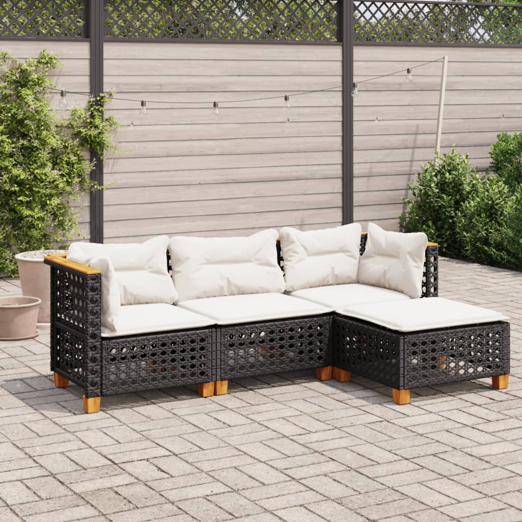 4 Pcs conjunto de sofás para jardim c/ almofadões vime PE preto