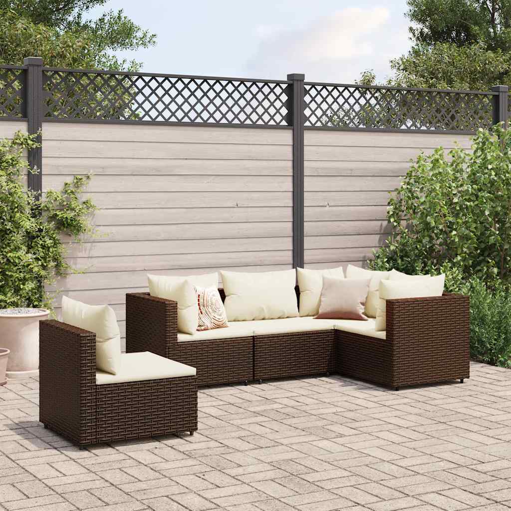 5 Pcs conjunto lounge jardim c/ almofadões vime PE castanho