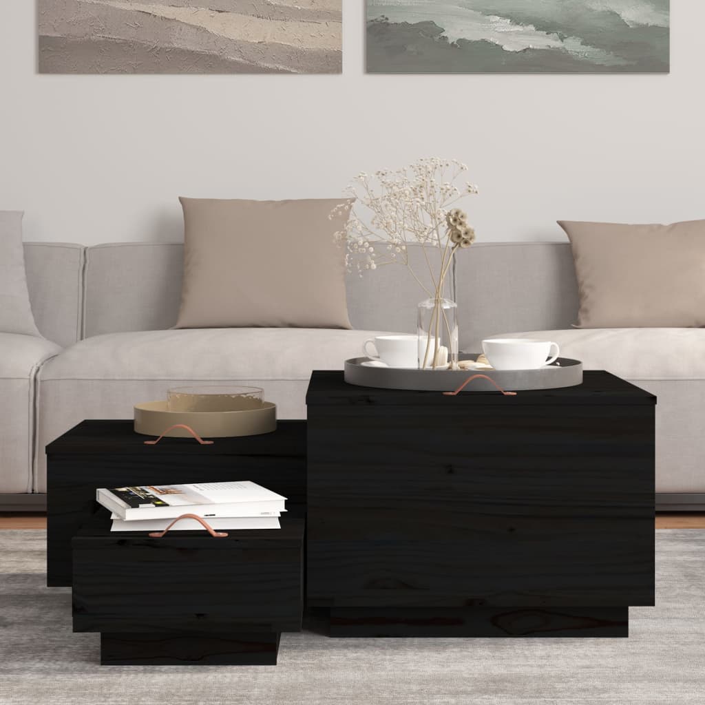 Caixas de arrumação com tampas 3 pcs pinho maciço preto